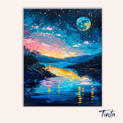 Clean artwork of the Celestial River Glow paint by numbers kit featuring a luminous river under a starry sky and bright moon by Tinta Canvas