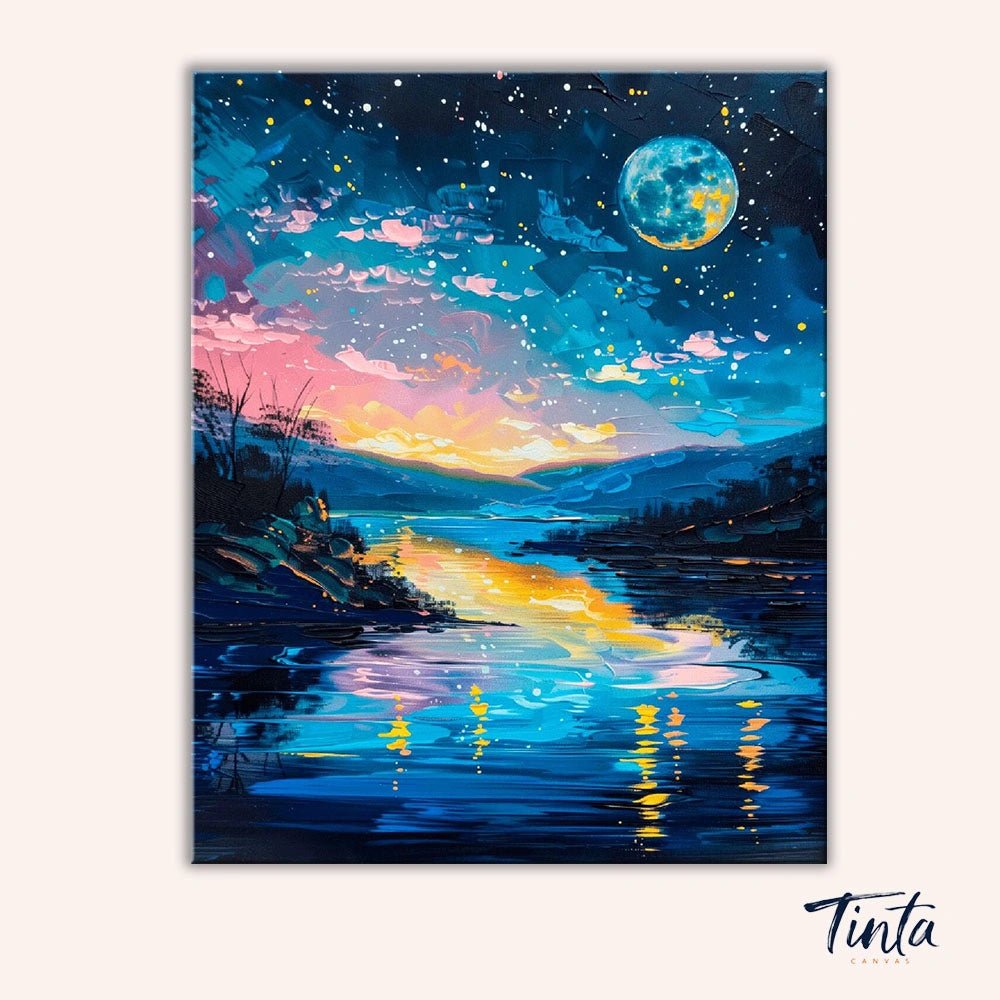 Clean artwork of the Celestial River Glow paint by numbers kit featuring a luminous river under a starry sky and bright moon by Tinta Canvas