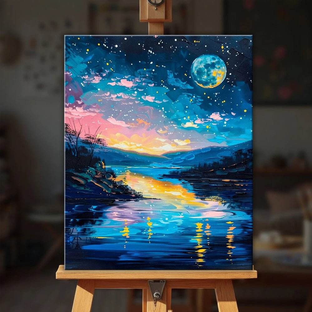 Celestial River Glow paint by numbers kit displayed on an easel showing a glowing river reflecting stars and moonlight by Tinta Canvas