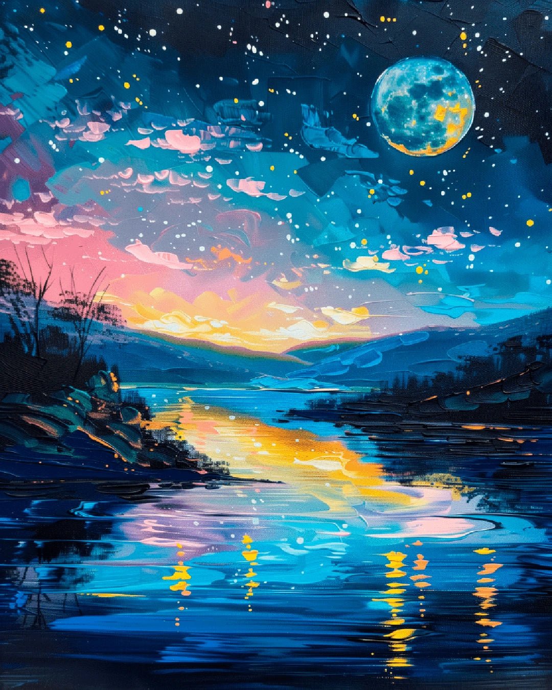 Raw landscape artwork from the Celestial River Glow paint by numbers kit showing a starry sky over a glowing river valley by Tinta Canvas