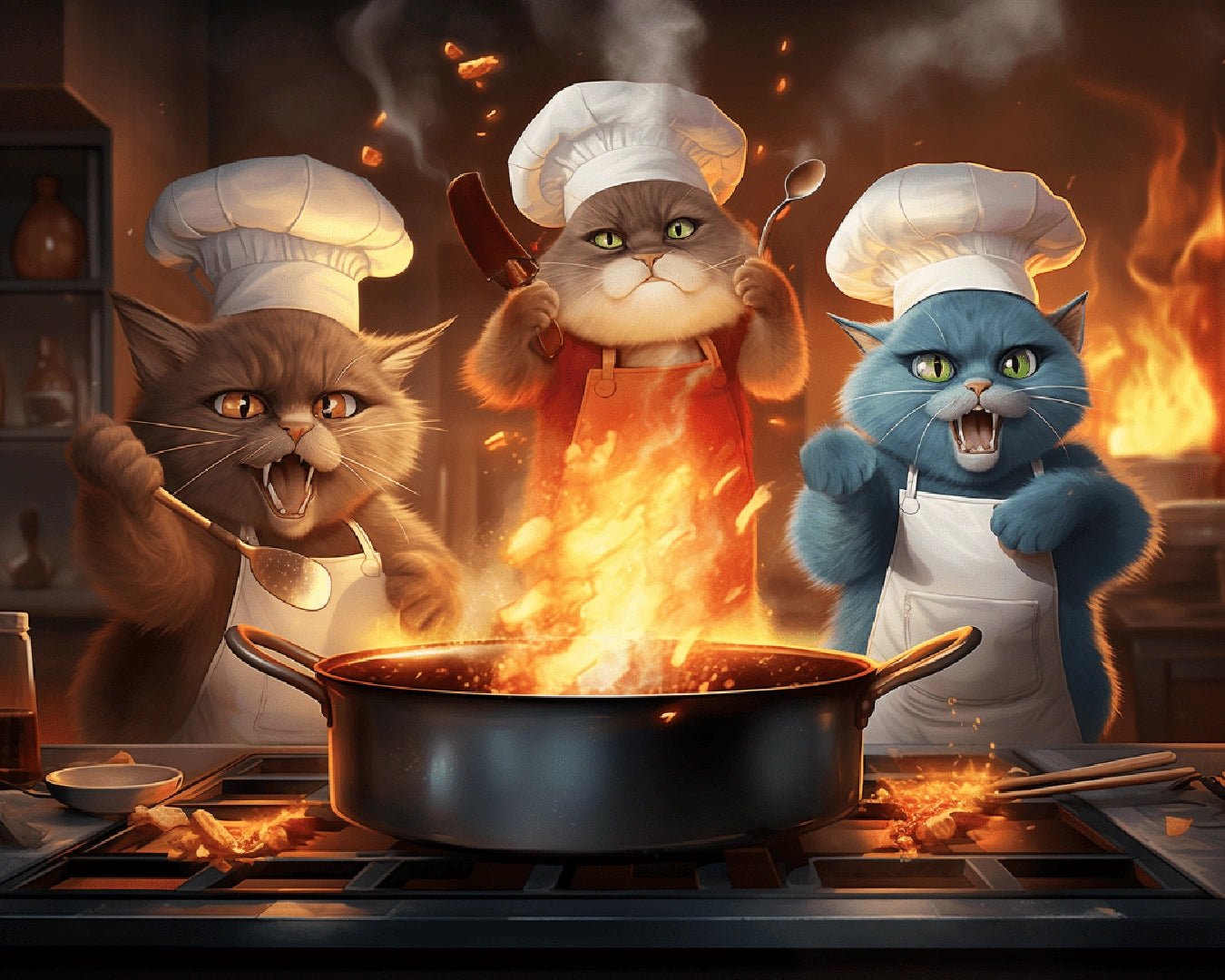 Paint by numbers canvas featuring chef cats in a kitchen with a fiery pot and flying sparks