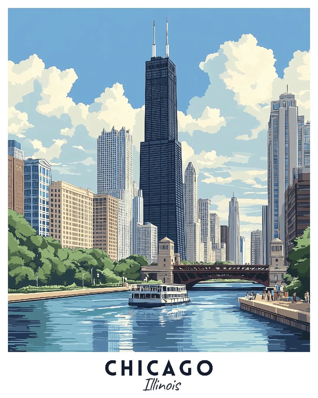 Chicago Travel Poster Paint by Numbers Kit featuring the Chicago River, city skyline, and downtown buildings