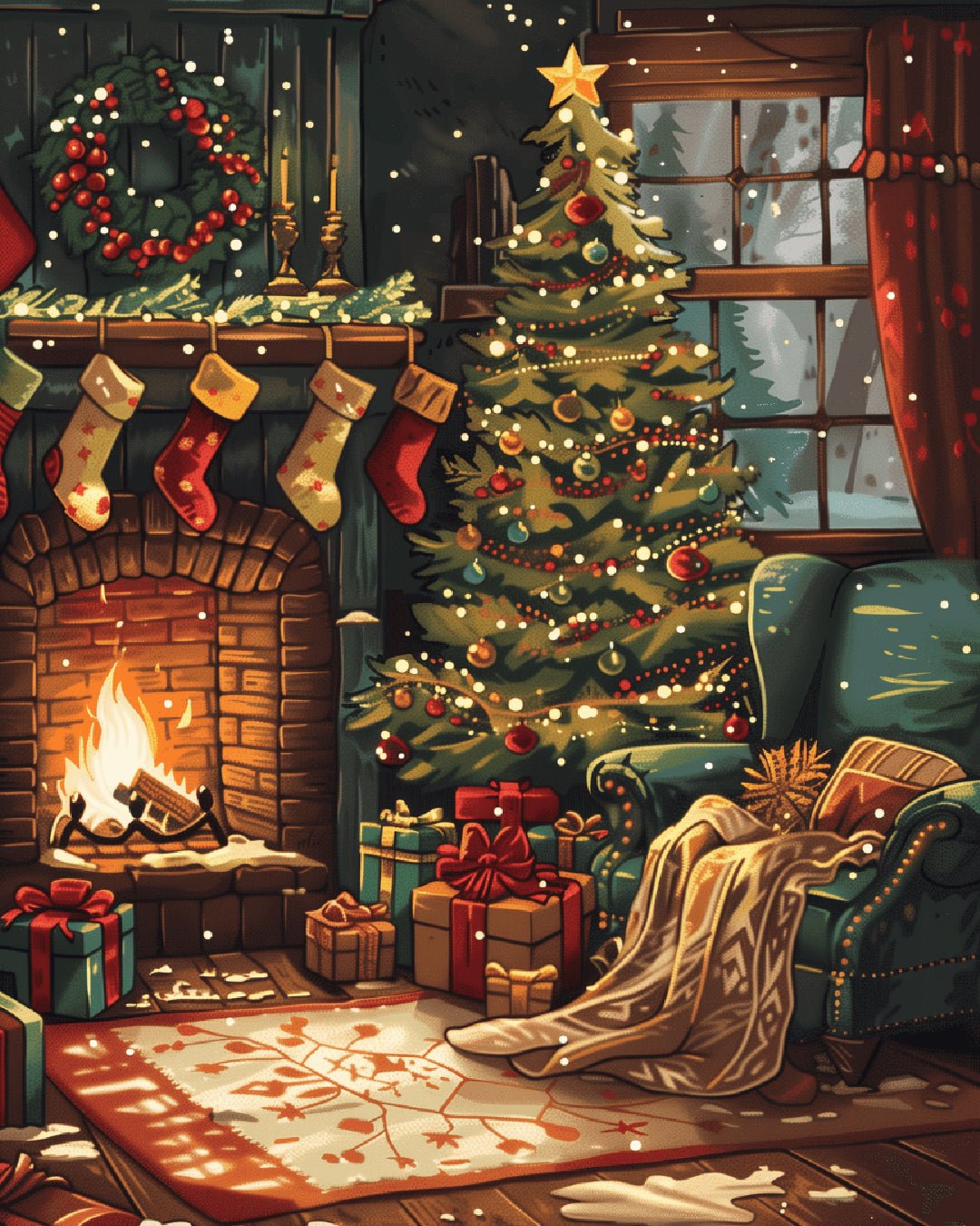 Christmas by the Fire paint by numbers kit featuring a warm holiday living room with fireplace and gifts