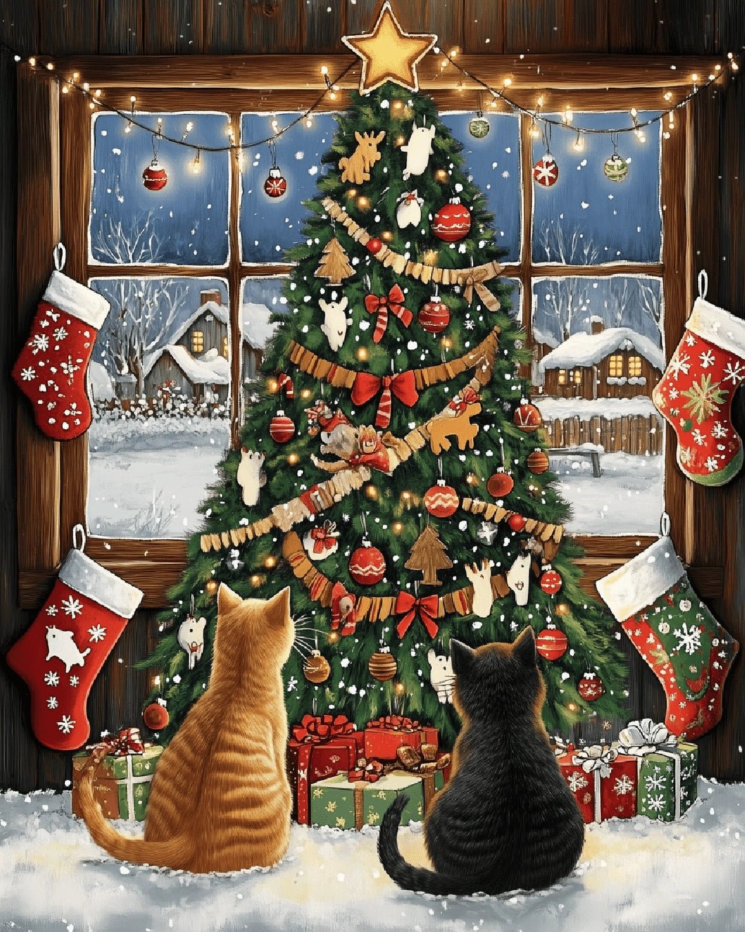 Paint by numbers canvas featuring two cats sitting by a Christmas tree with gifts and stockings