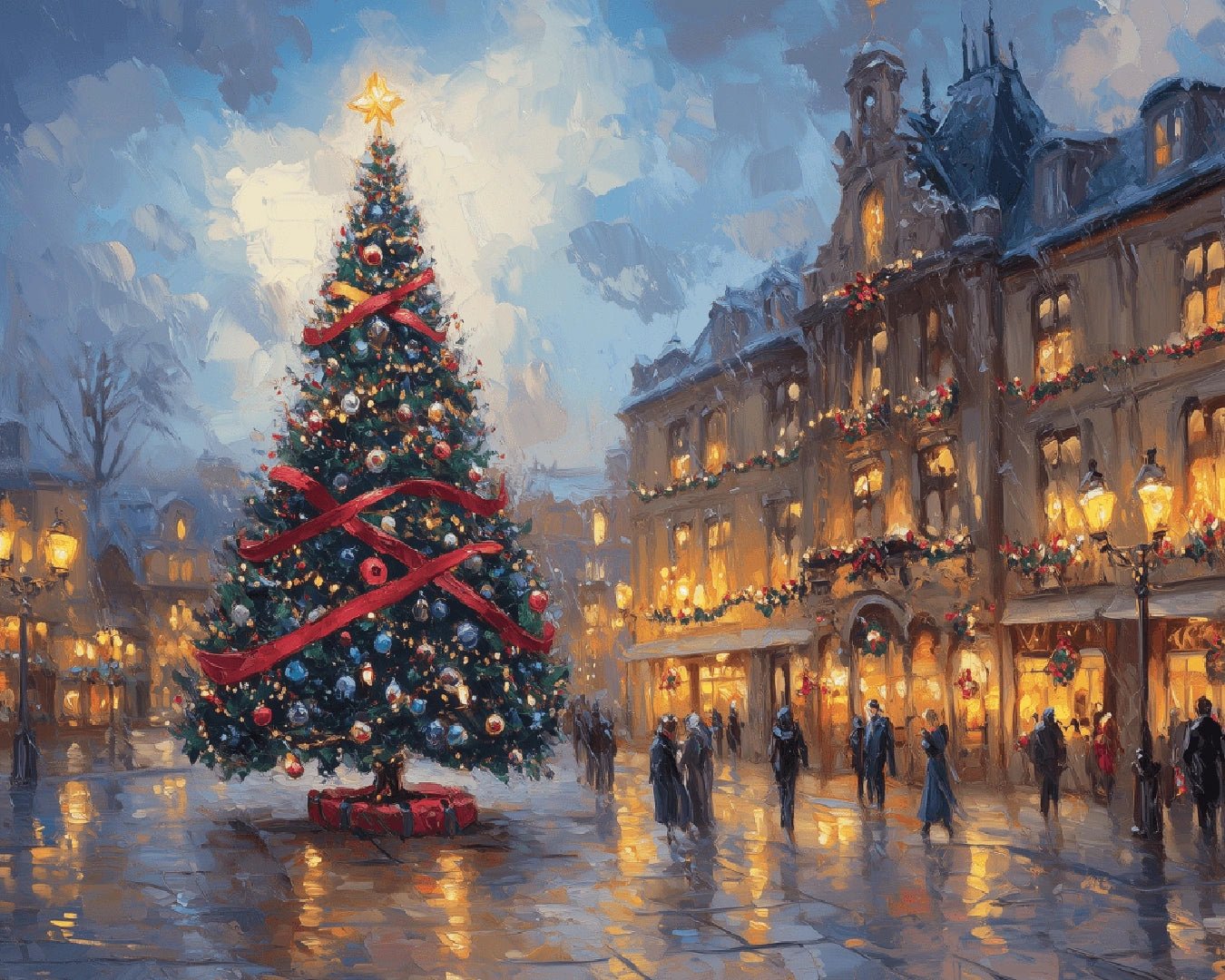 Holiday paint by numbers canvas for adults featuring a glowing Christmas tree in a winter city square
