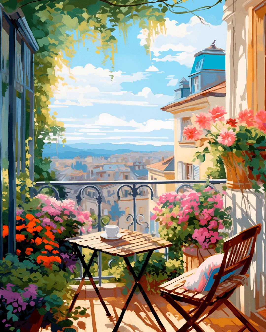 Urban paint by numbers kit canvas painting featuring a sunny city balcony filled with flowers and greenery