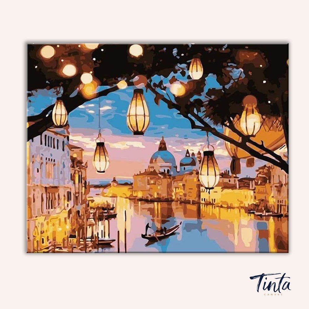 Clean artwork of City Lights Of Venice paint by numbers kit highlighting warm evening skyline by Tinta Canvas