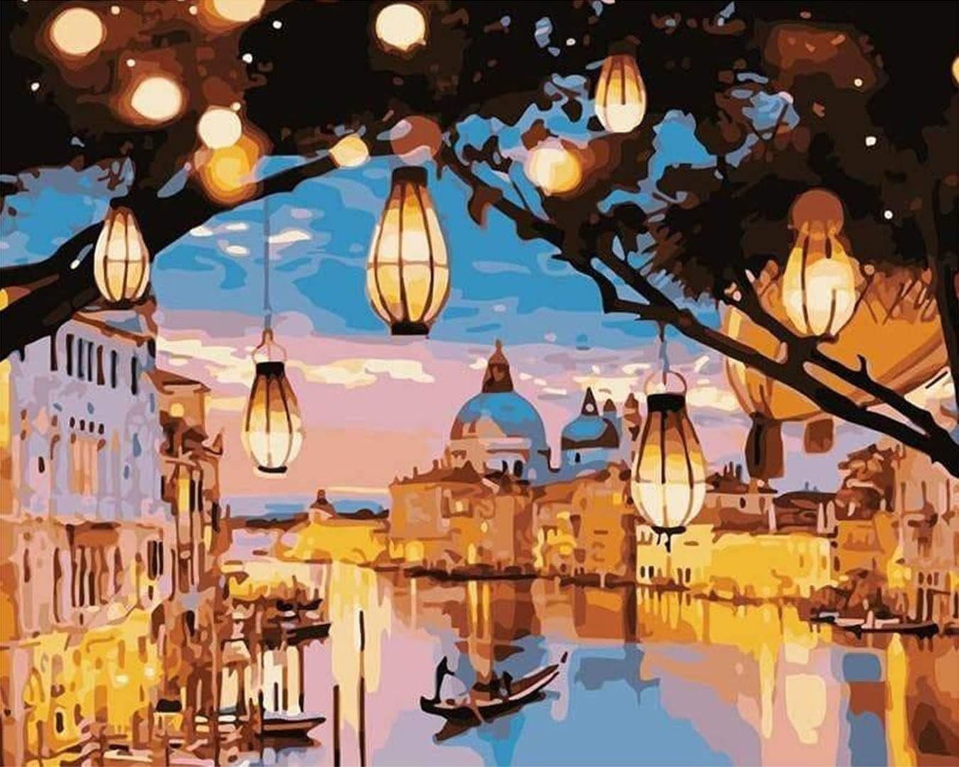 Raw landscape view of City Lights Of Venice paint by numbers kit before framing by Tinta Canvas
