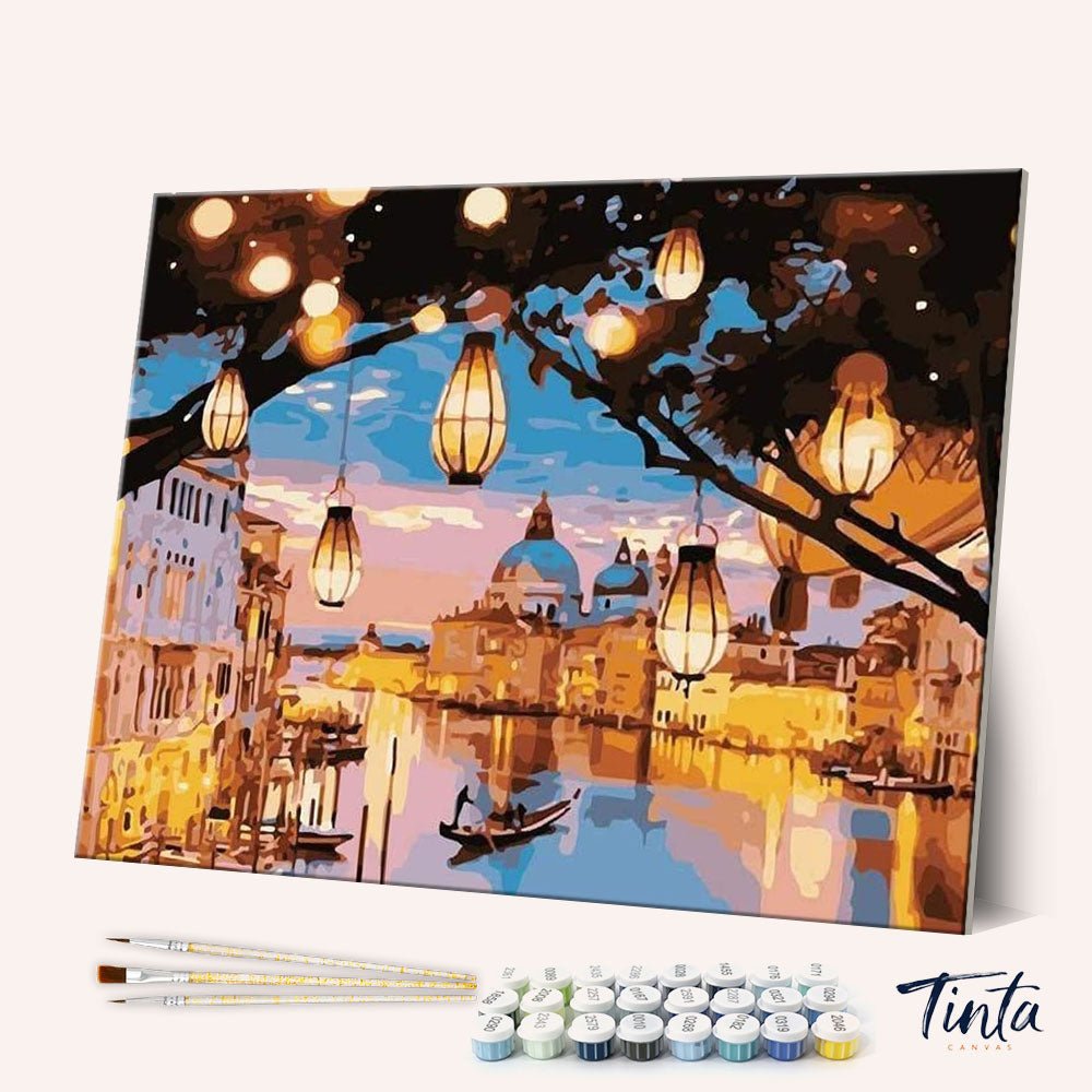 City Lights Of Venice paint by numbers kit angled canvas view with glowing canal reflections by Tinta Canvas
