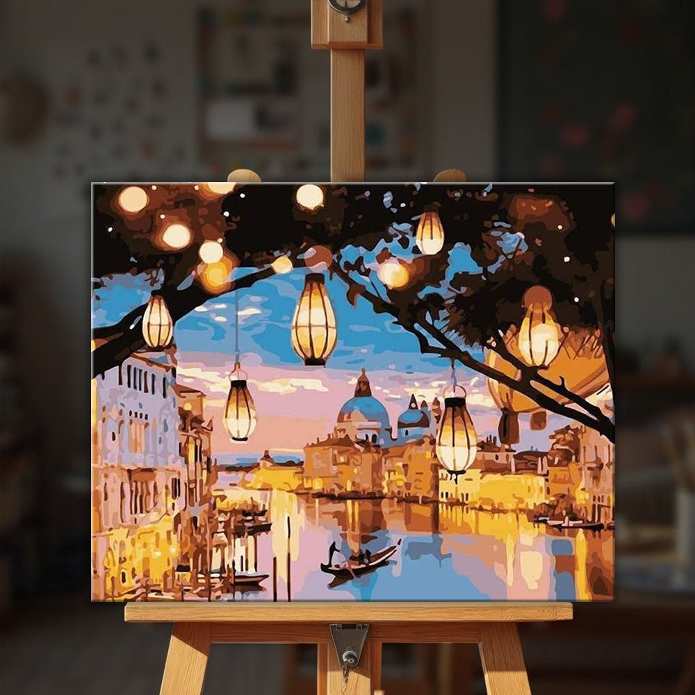 City Lights Of Venice paint by numbers kit styled on an easel in a cozy home interior by Tinta Canvas