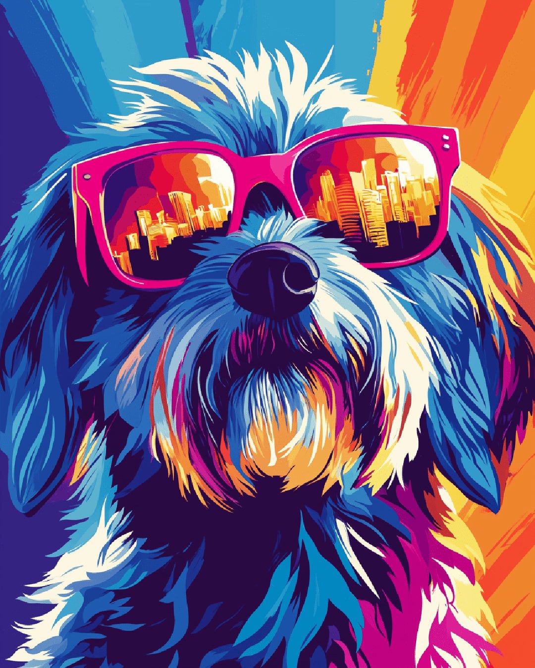 City Shades Pup paint by numbers kit showing a colorful dog wearing sunglasses with a city skyline reflection