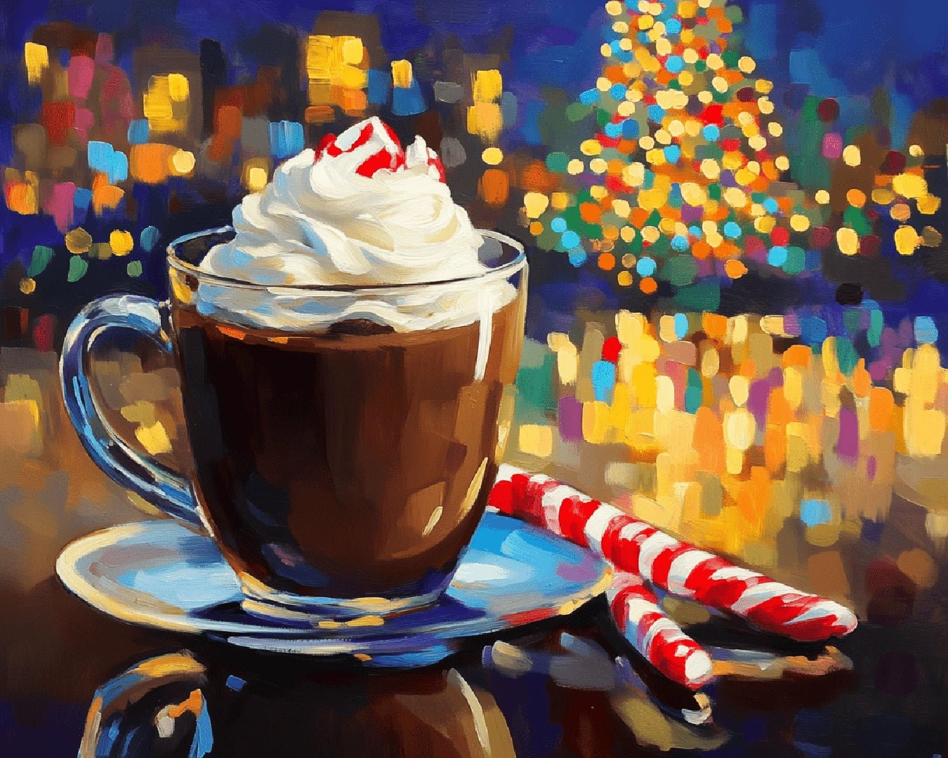 Paint by numbers canvas featuring a festive hot chocolate scene with city lights and a softly lit Christmas tree