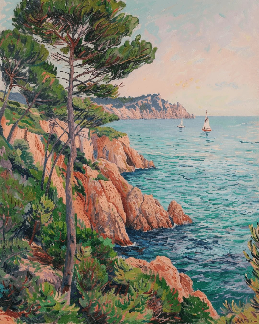 Paint by numbers kit for adults showing a coastal landscape painting with pine trees, rocky cliffs, and sailboats