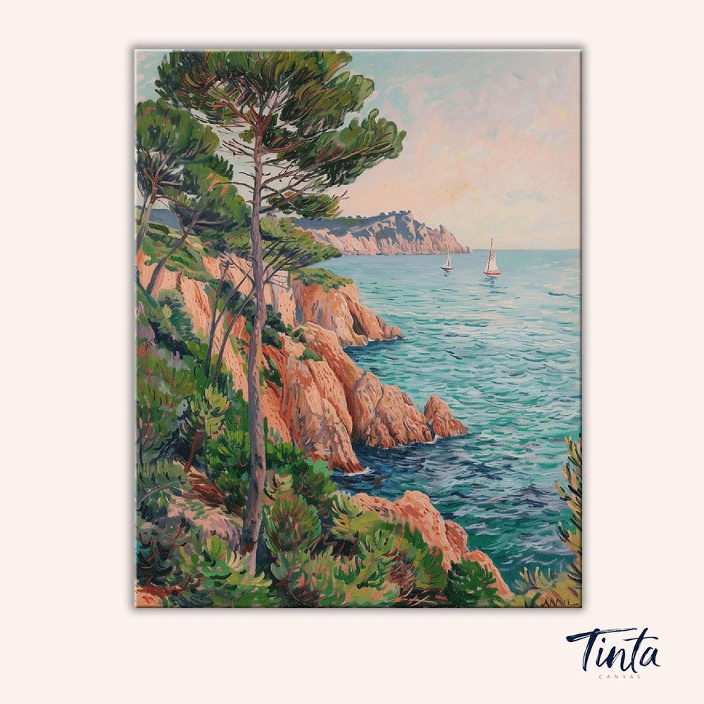 Clean artwork of the Coastal Pines paint by numbers kit featuring pine trees on rocky cliffs overlooking calm blue sea by Tinta Canvas