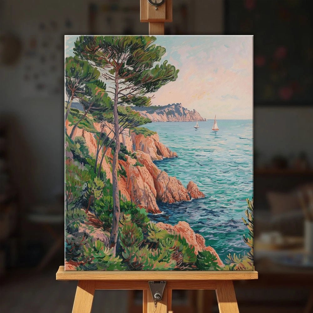 Coastal Pines paint by numbers kit displayed on an easel showing peaceful coastal landscape with pine trees and sailboats by Tinta Canvas