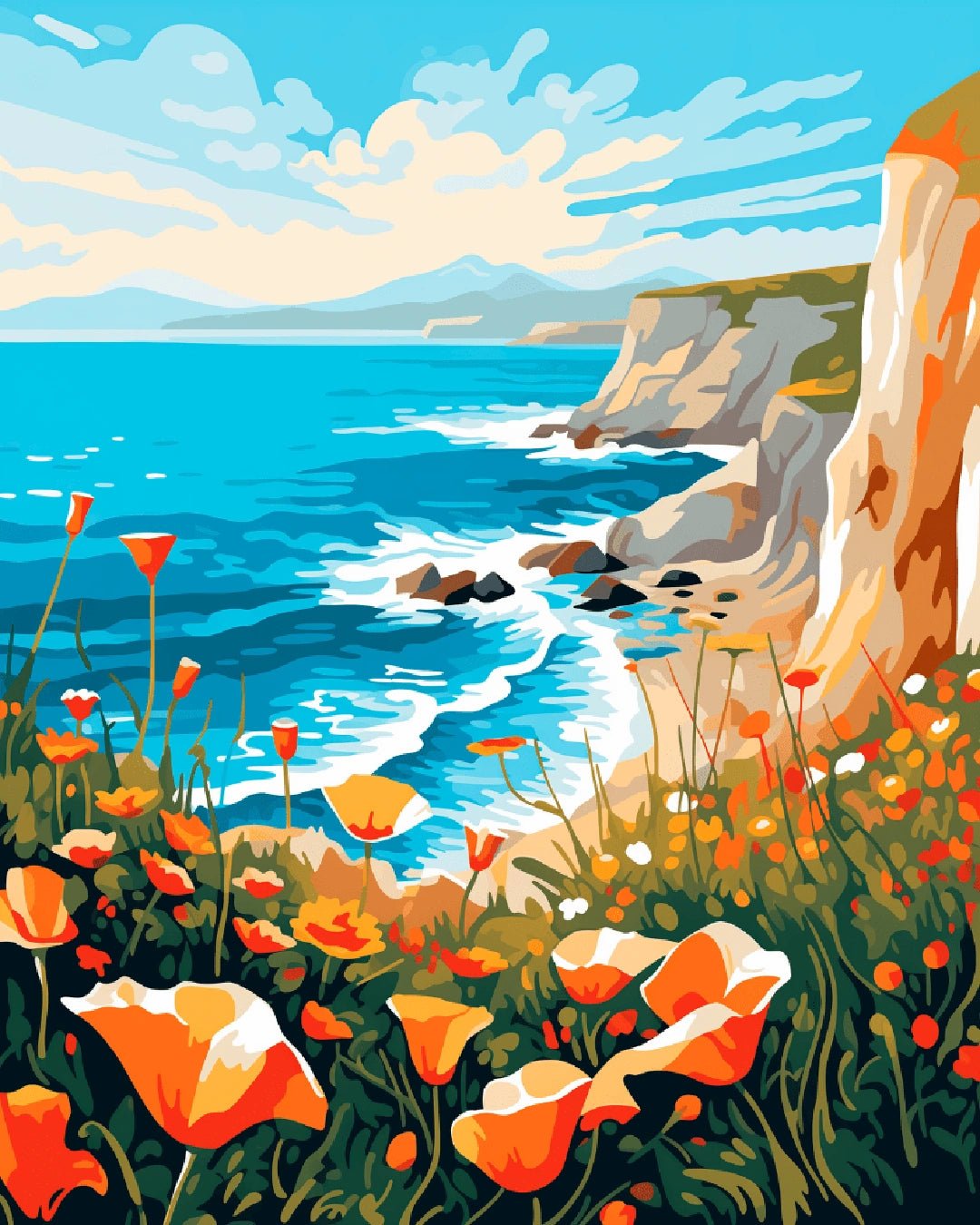 Ocean landscape paint by numbers kit canvas painting featuring poppy flowers growing along a seaside cliff