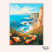 Clean artwork of Coastal Poppy Cliffs paint by numbers kit featuring blue ocean waves, rocky cliffs, and blooming poppies without tools visible by Tinta Canvas