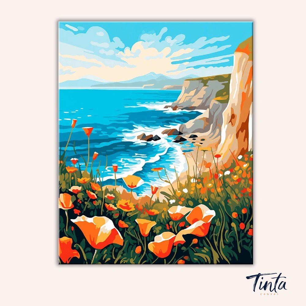 Clean artwork of Coastal Poppy Cliffs paint by numbers kit featuring blue ocean waves, rocky cliffs, and blooming poppies without tools visible by Tinta Canvas