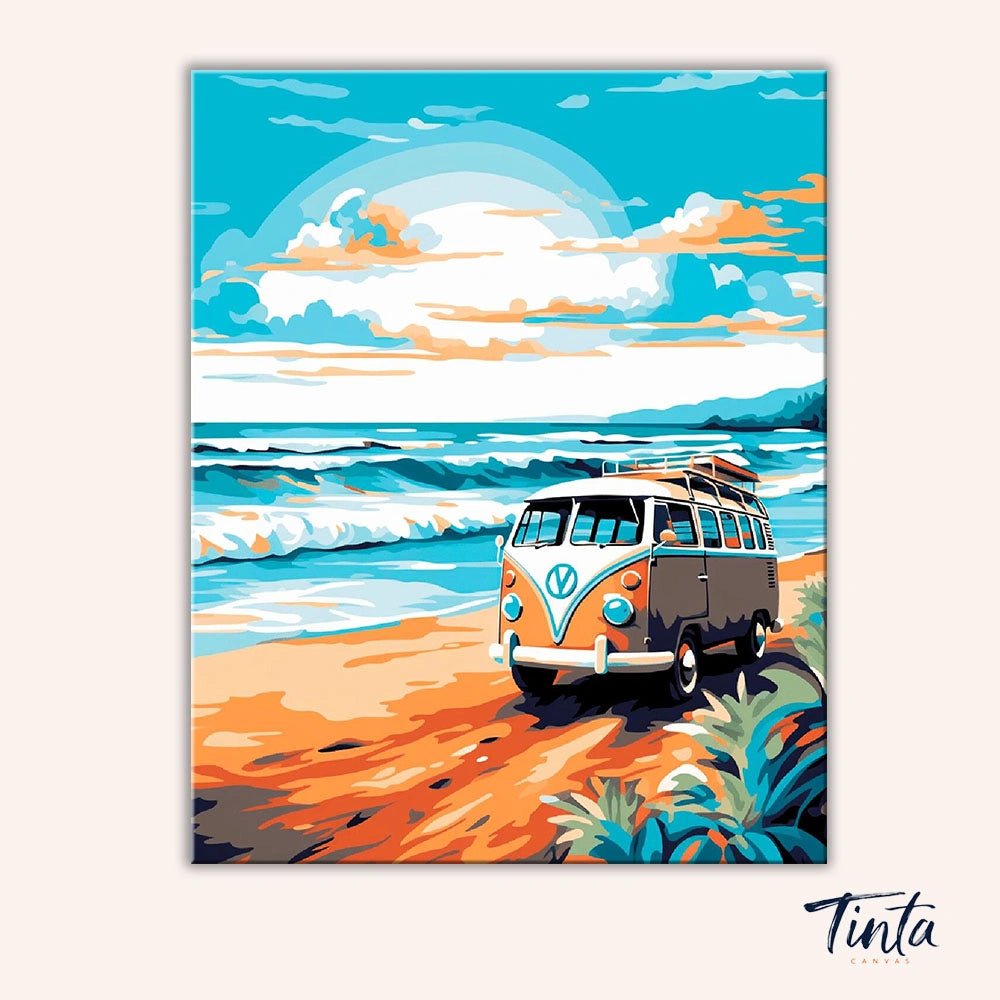 Full artwork of Coastal Roamer paint by numbers kit featuring retro camper van and bright seaside sky by Tinta Canvas