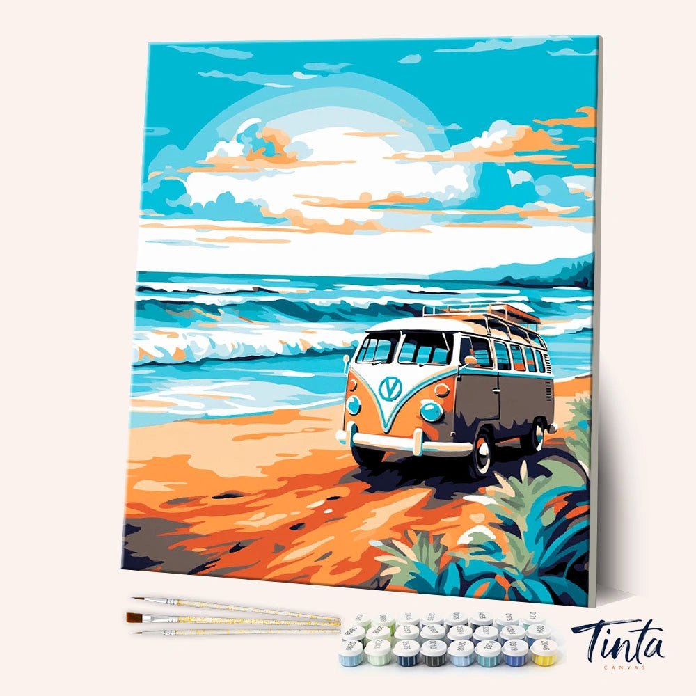Angled canvas view of Coastal Roamer paint by numbers kit with vintage van parked by ocean waves by Tinta Canvas