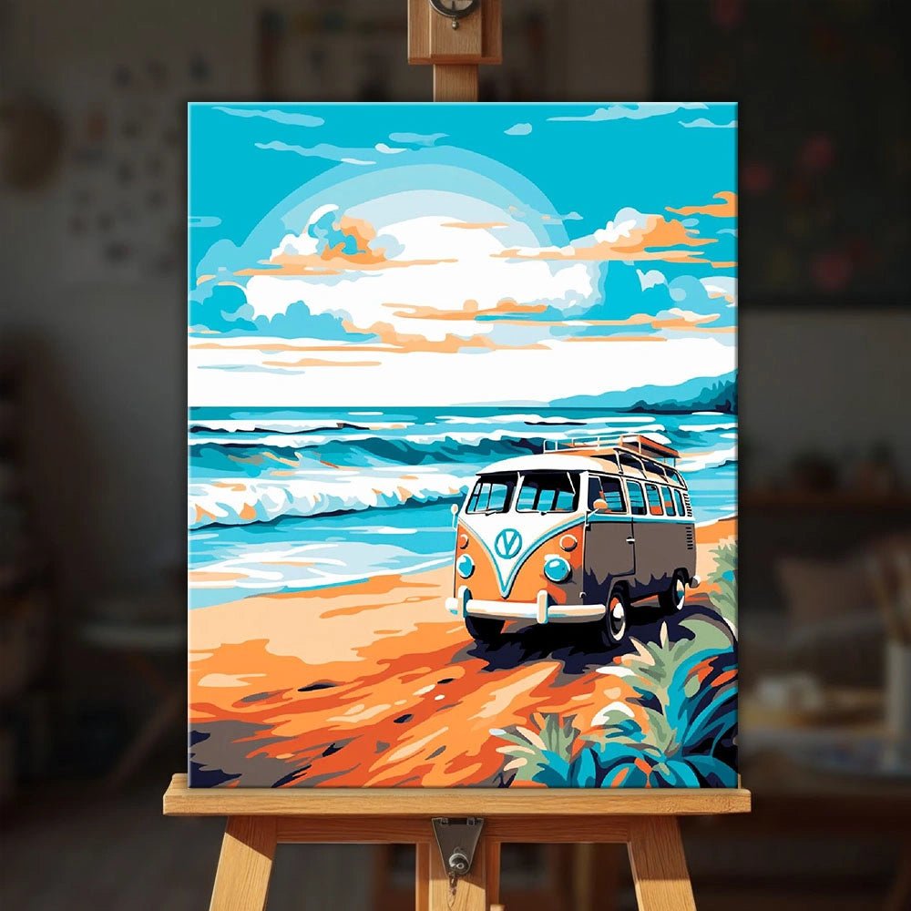 Coastal Roamer paint by numbers kit displayed on an easel in a sunlit coastal themed room by Tinta Canvas