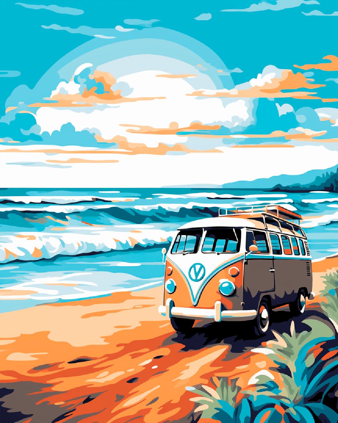 Coastal Roamer paint by numbers kit featuring a vintage camper van parked beside ocean waves