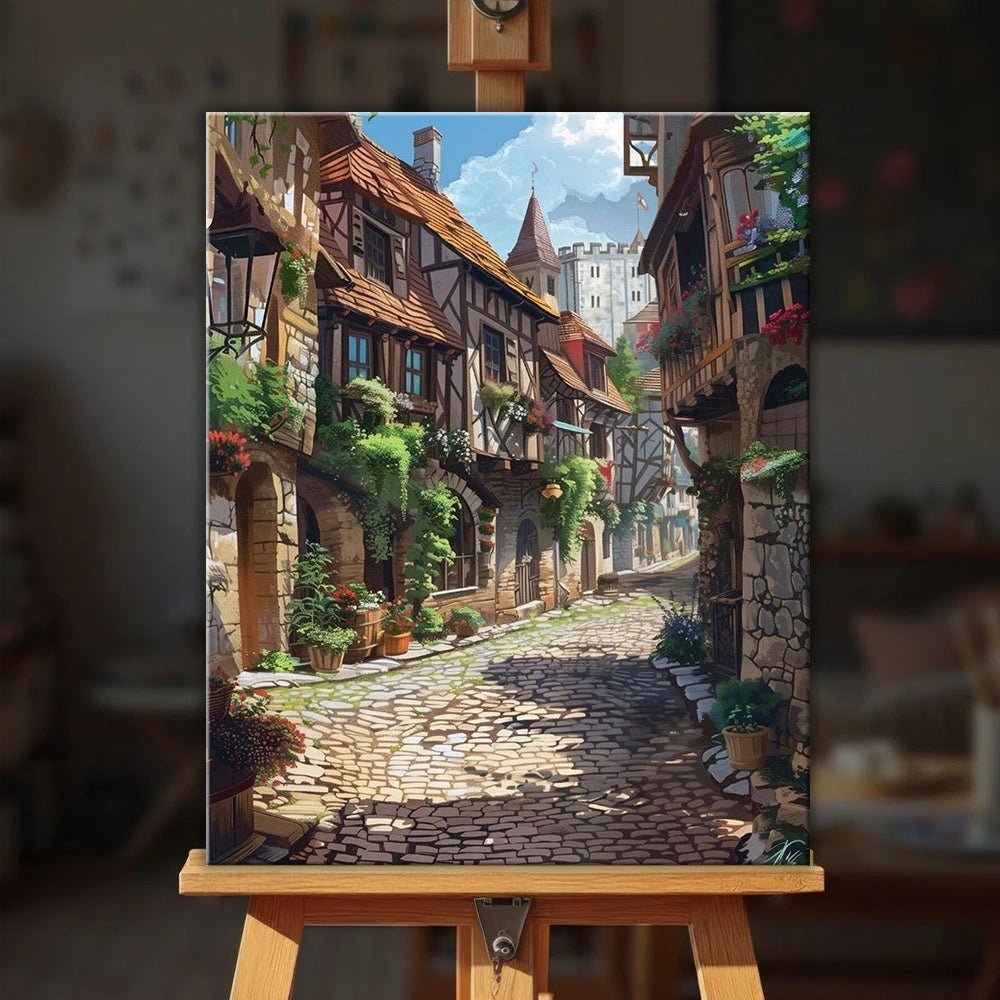 Cobblestone Morning paint by numbers kit displayed on an easel showing a scenic village street with cobblestone path by Tinta Canvas
