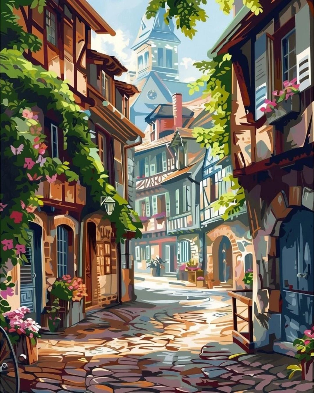 Cobblestone Morning paint by numbers kit landscape showing a sunlit cobblestone alley with historic houses and plants by Tinta Canvas