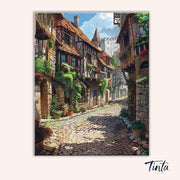 Cobblestone Morning paint by numbers kit artwork featuring a peaceful old town street with stone paths and rustic homes by Tinta Canvas