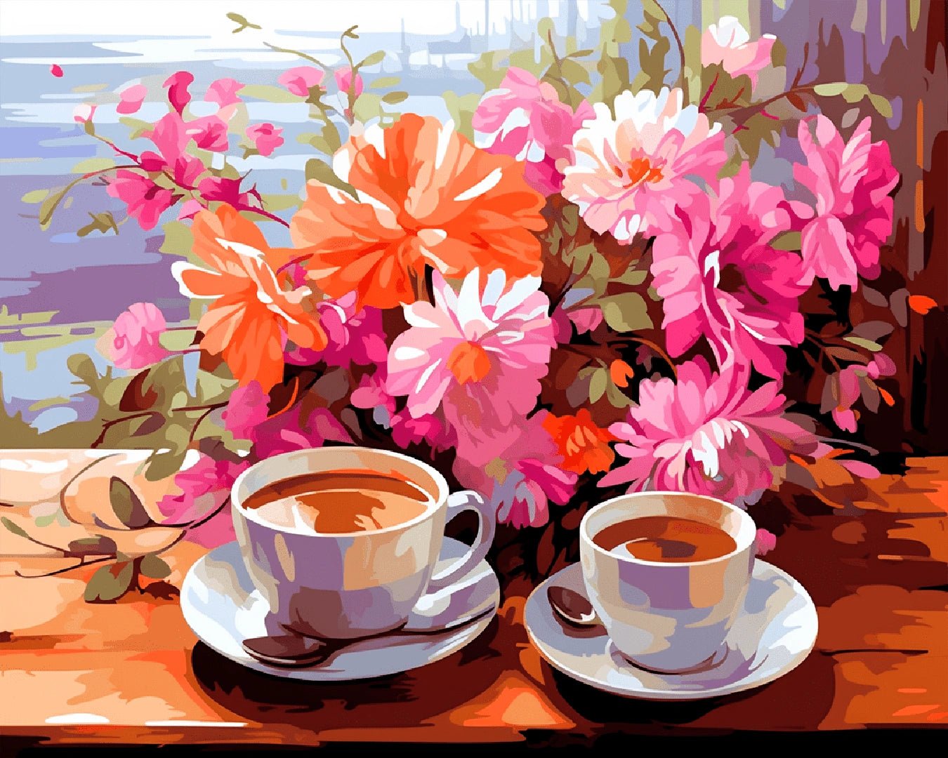 Raw landscape image of Coffee in Bloom paint by numbers kit with two coffee cups placed in front of bright pink and orange flowers by Tinta Canvas