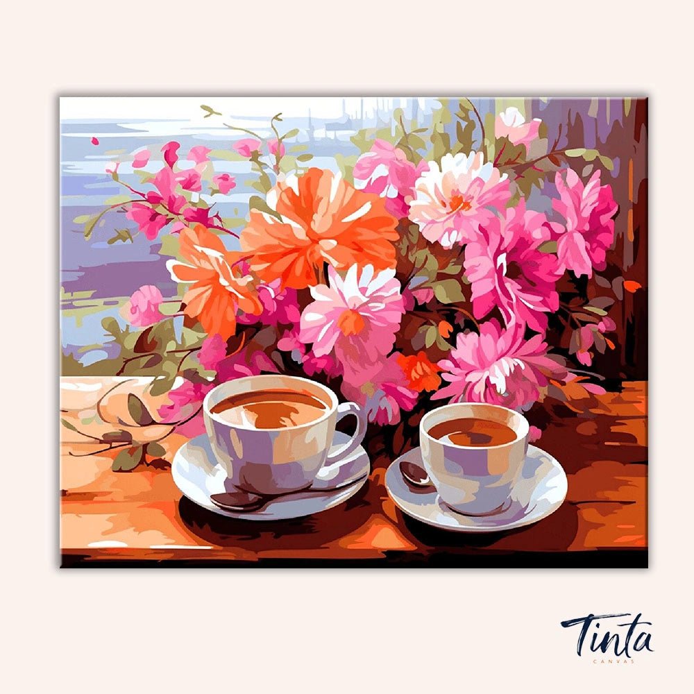 Clean artwork of Coffee in Bloom paint by numbers kit showing a cozy coffee cup scene with colorful blooming flowers in the background by Tinta Canvas