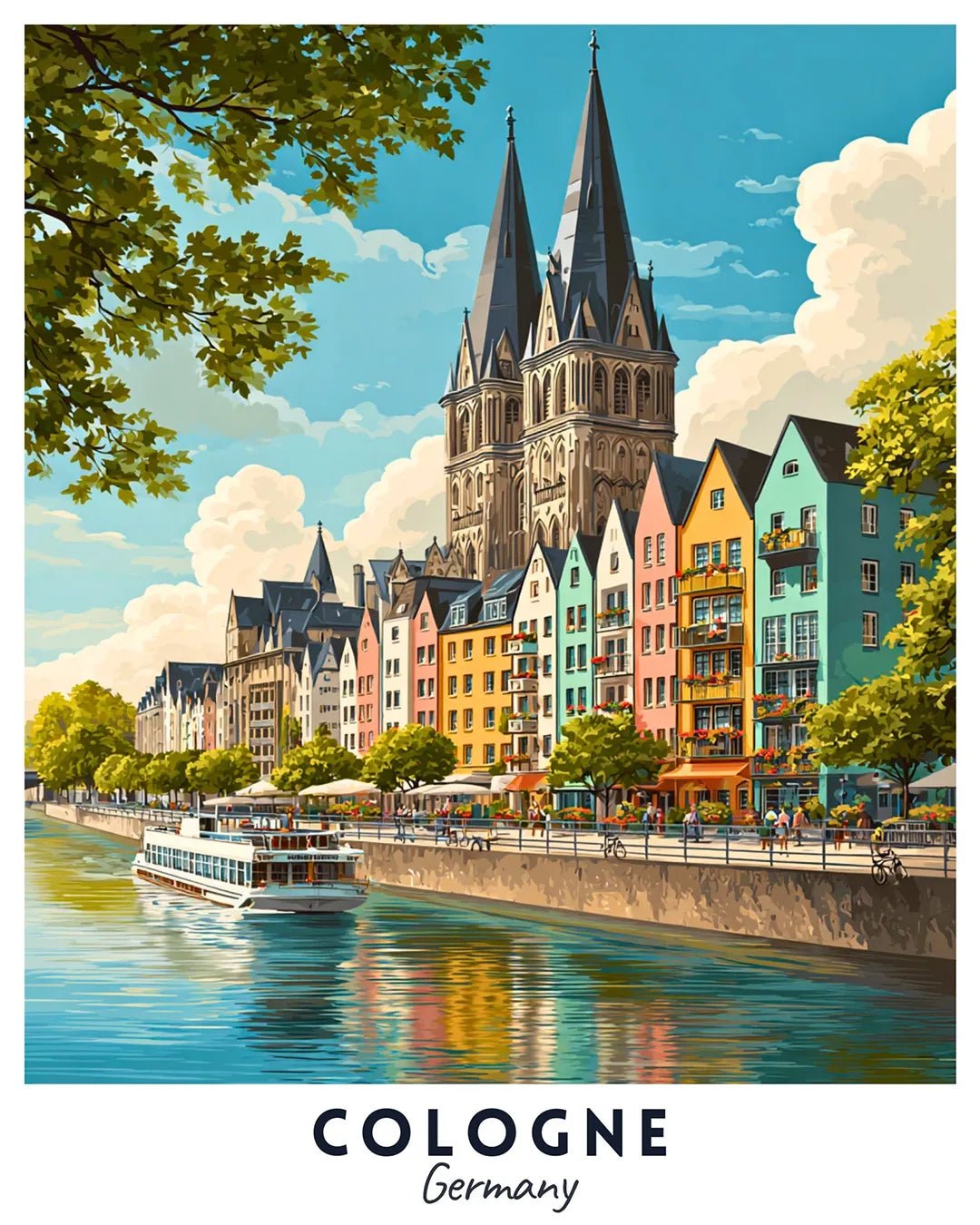 Cologne Travel Poster Paint by Numbers Kit featuring the Rhine River, historic houses, and cathedral spires