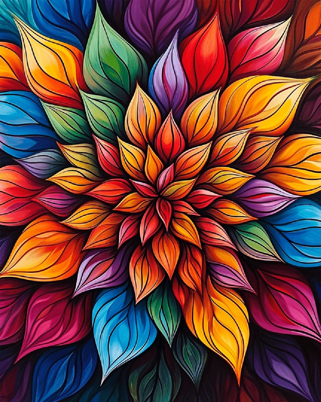 Paint by numbers canvas showing a colorful layered flower with flowing petals