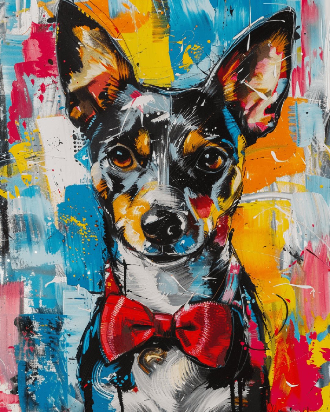 Colorful Bowtie Pup paint by numbers kit featuring a playful dog with a red bowtie and vibrant abstract colors