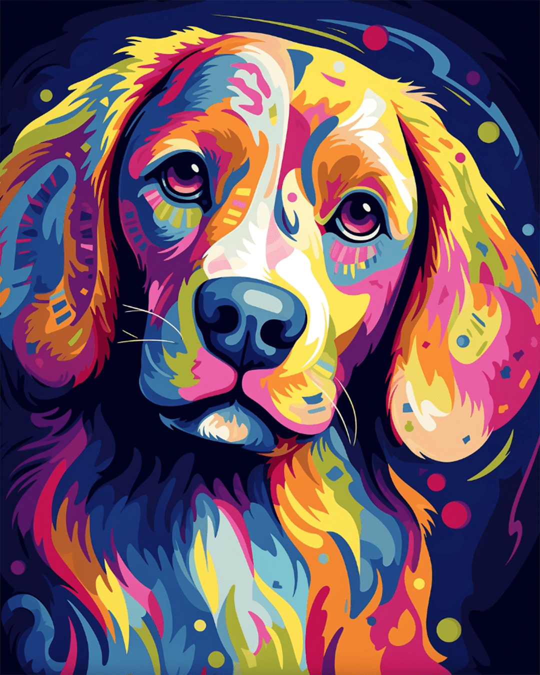 Colorful animal paint by numbers kit featuring a vibrant dog portrait with bold artistic colors