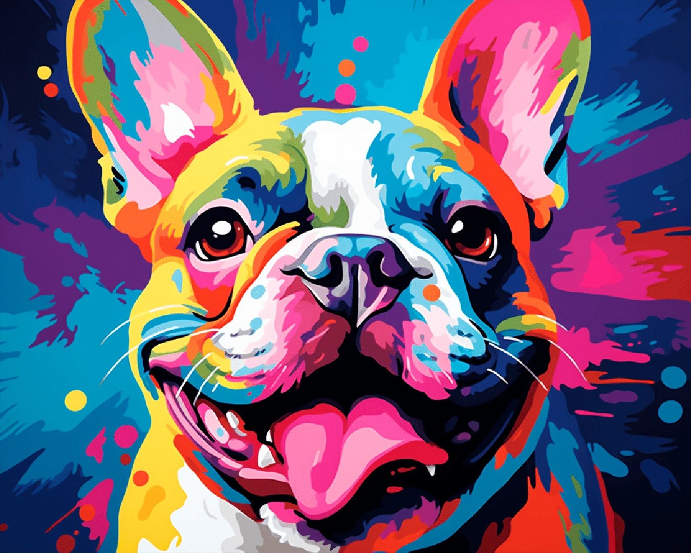 Paint by numbers canvas featuring a vibrant French bulldog face in bold colors