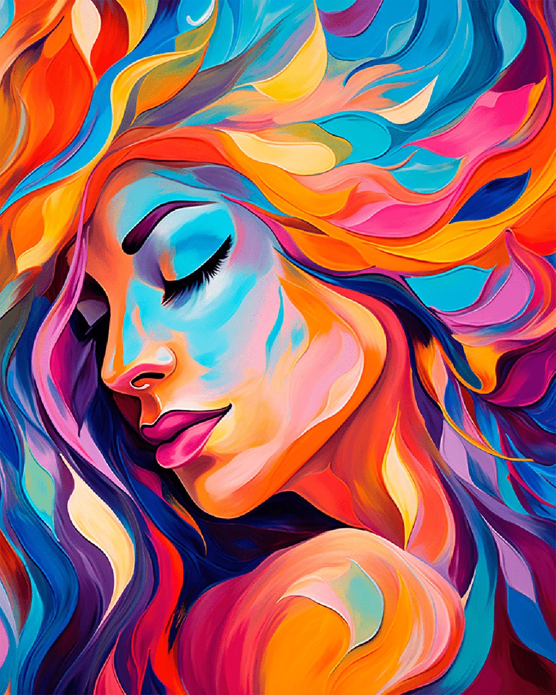 Colorful Inner Calm paint by numbers kit featuring a serene abstract female portrait with flowing vibrant colors