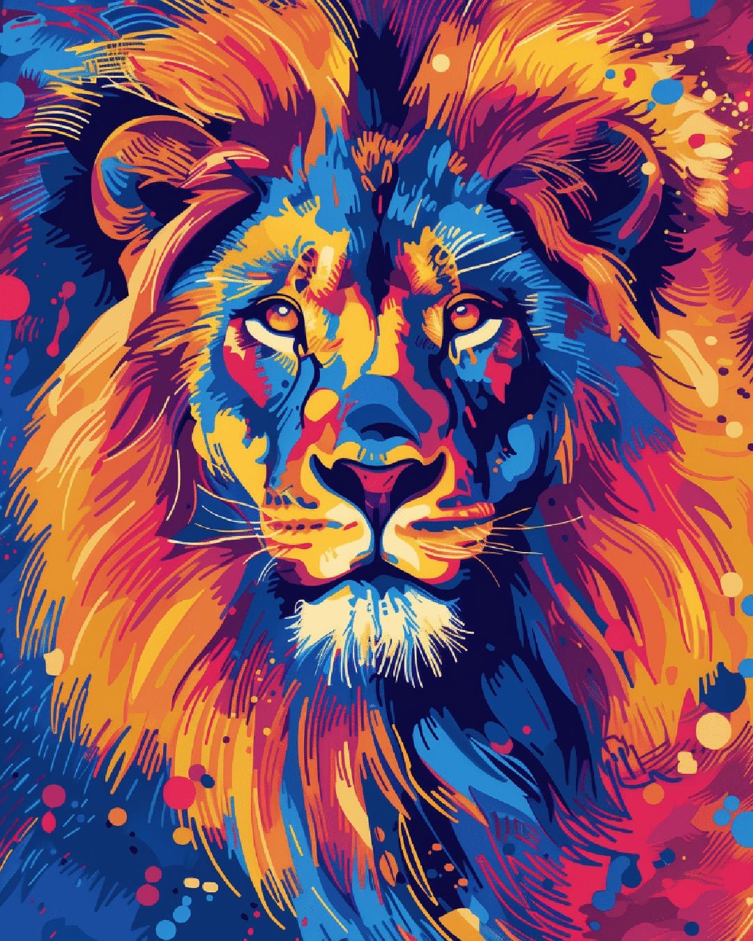Paint by numbers canvas featuring a vibrant lion face painted in bold modern colors