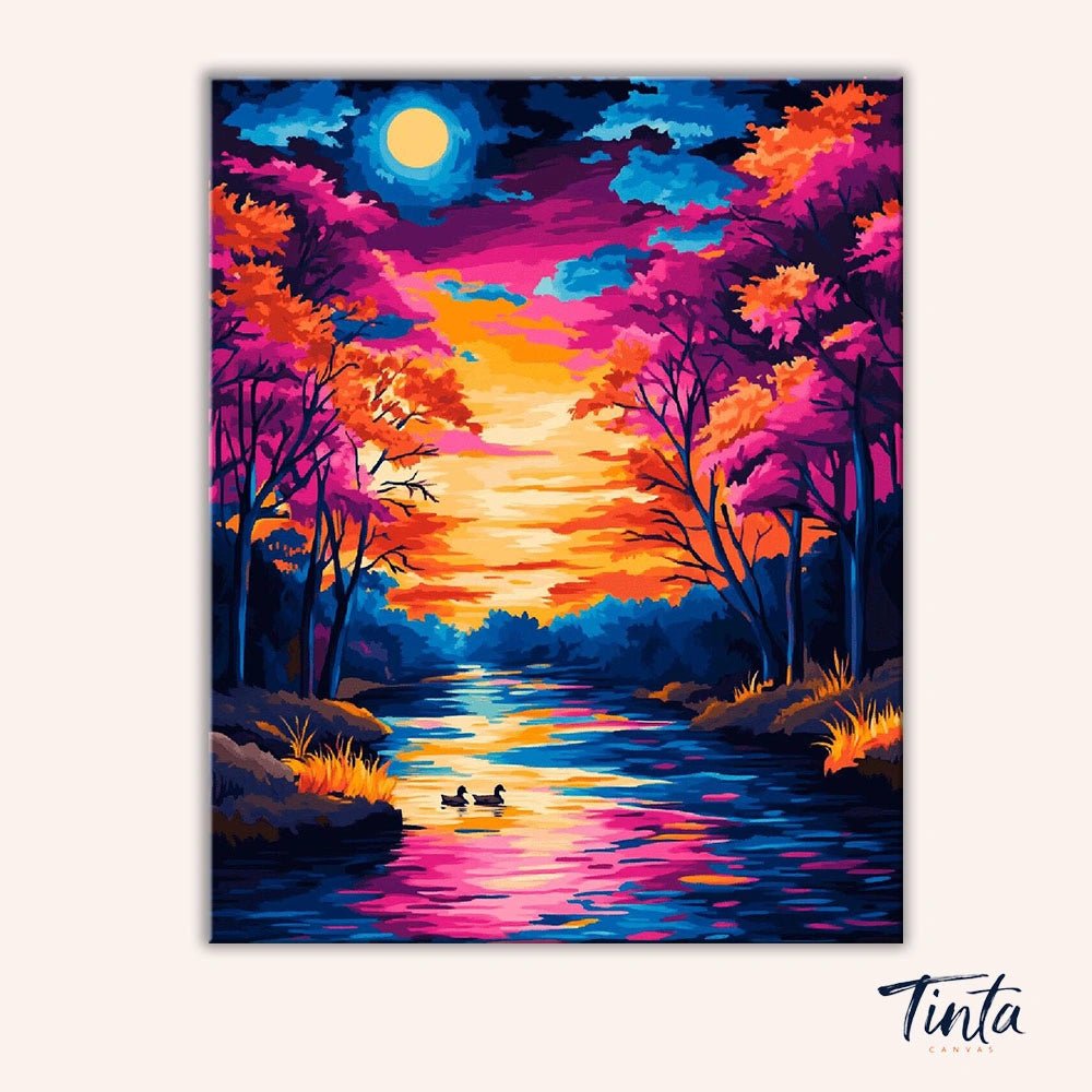 Full artwork of Colorful Moonlit River paint by numbers kit featuring bright trees and moonlit water by Tinta Canvas