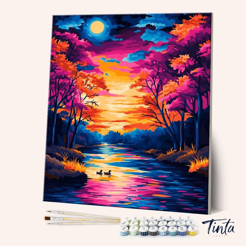 Angled canvas view of Colorful Moonlit River paint by numbers kit with glowing sky and reflective stream by Tinta Canvas