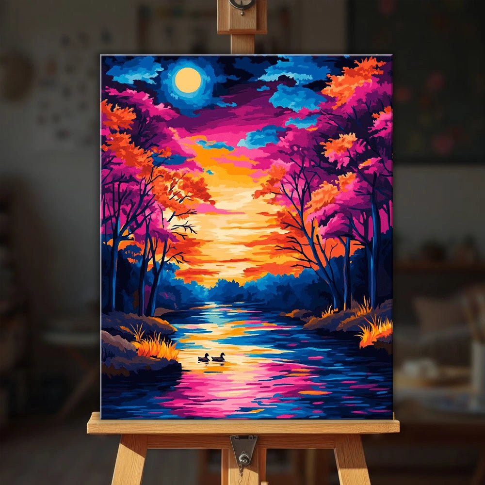 Colorful Moonlit River paint by numbers kit displayed on an easel in a cozy interior space by Tinta Canvas