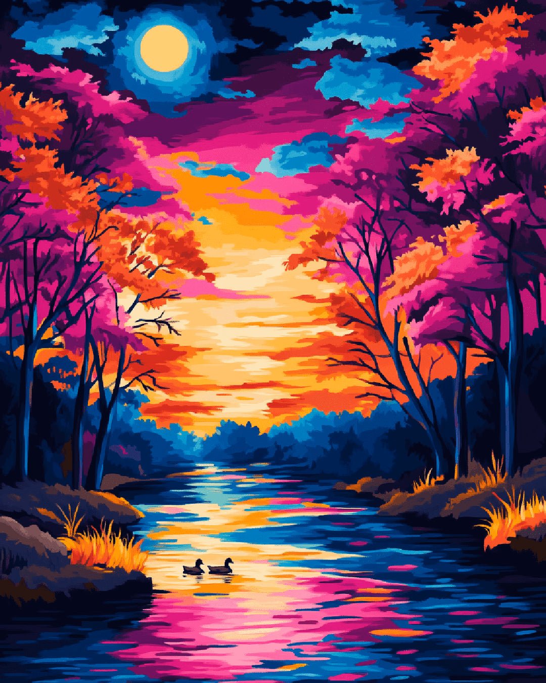 Raw landscape image of Colorful Moonlit River paint by numbers kit with vivid sunset hues and calm river by Tinta Canvas