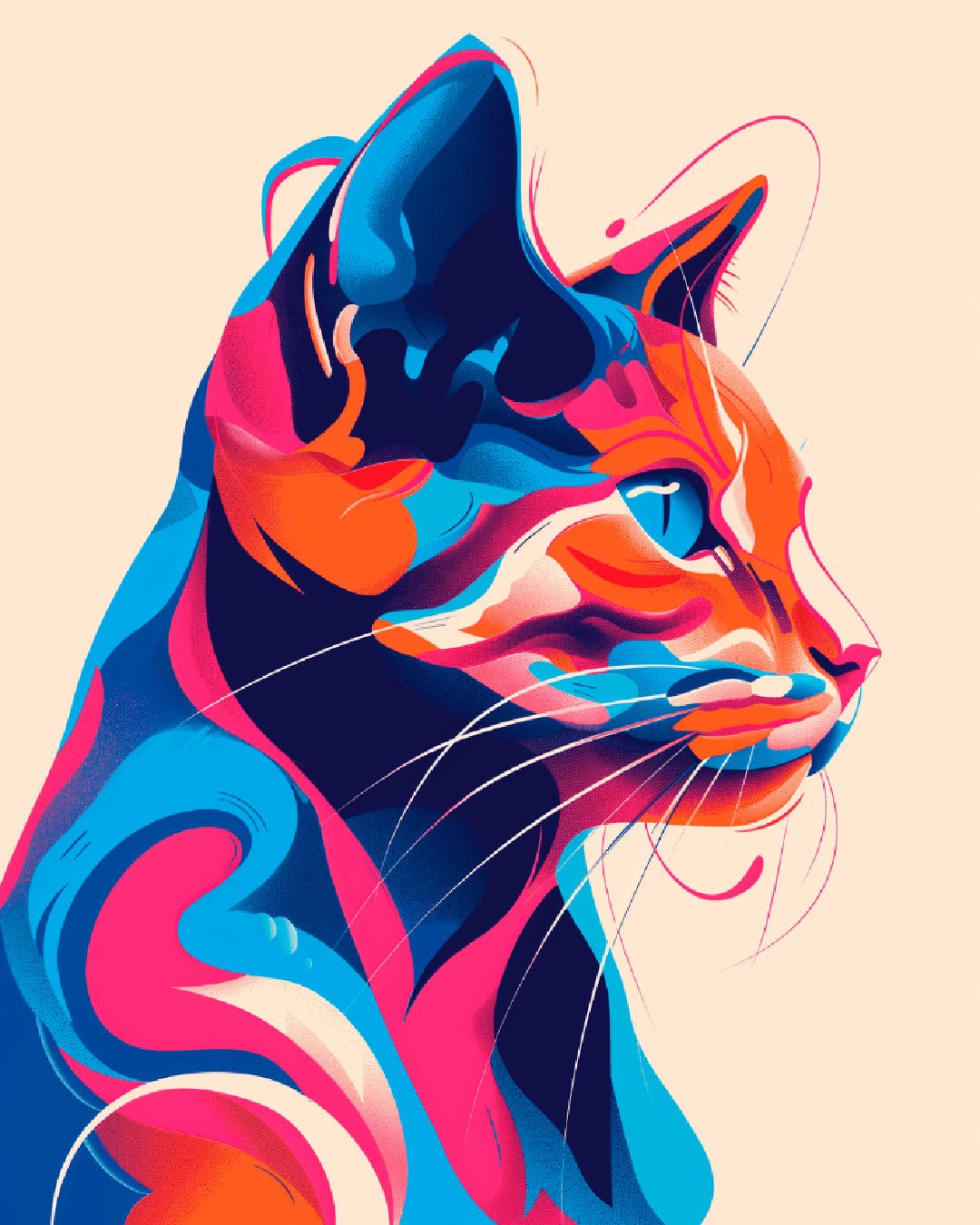 Colorful Whisker Muse paint by numbers kit featuring a modern cat portrait with vibrant flowing colors