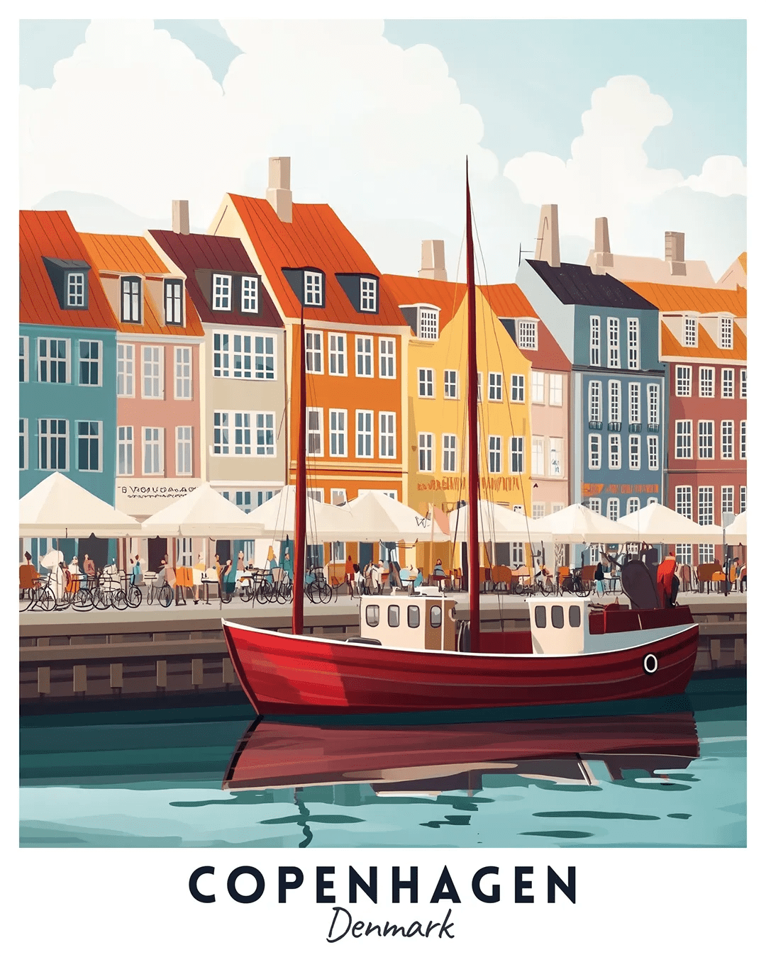 Copenhagen Travel Poster Paint by Numbers Kit featuring Nyhavn harbor, historic houses, and waterfront cafés