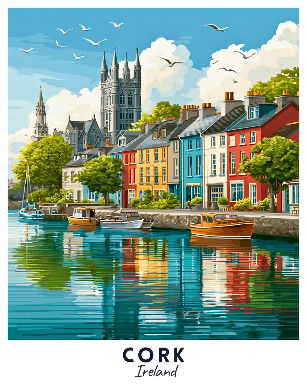 Cork Travel Poster Paint by Numbers Kit featuring a vibrant Irish waterfront with boats, townhouses, and calm river reflections