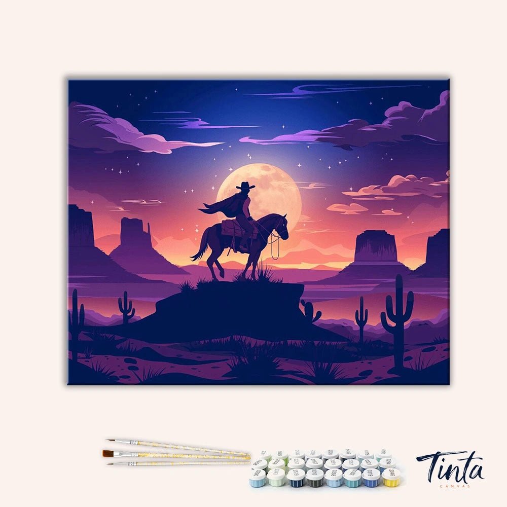 Clean artwork of Cowboy Moonlight Ride paint by numbers kit featuring desert, horse rider, and moonlit sky