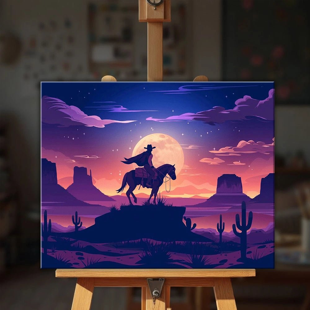 Cowboy Moonlight Ride paint by numbers kit displayed on easel in cozy setting with western night scenery