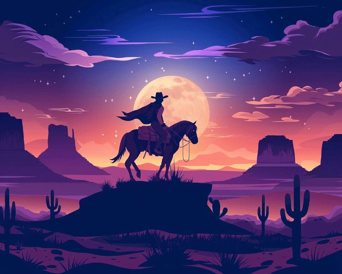 Raw landscape of Cowboy Moonlight Ride paint by numbers kit showing desert silhouettes, cacti, and bright moon