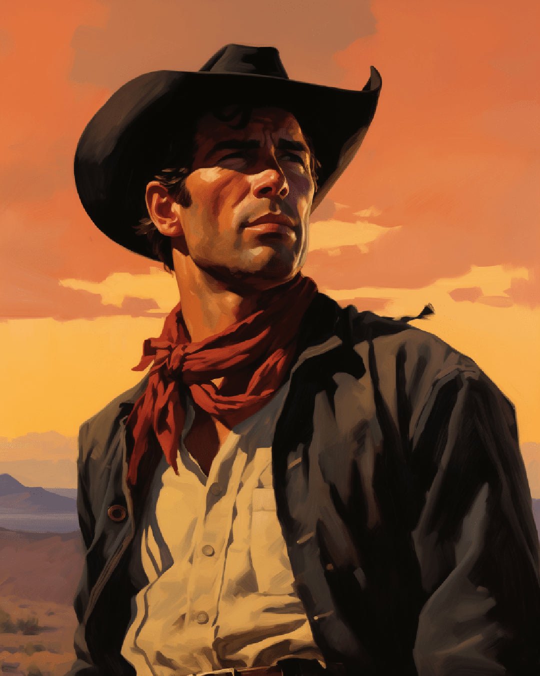 Cowboy paint by numbers kit showing a classic western cowboy portrait with desert landscape and sunset tones