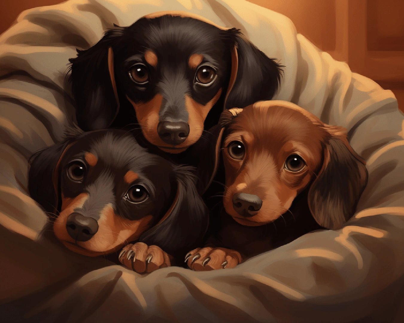 Canvas puppy paint by numbers kit for adults featuring a soft dog portrait with three puppies resting together by Tinta Canvas